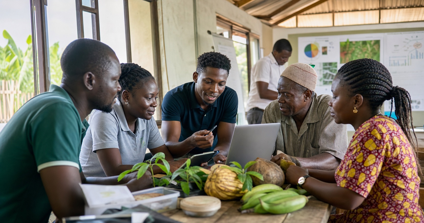 Diverse team of African agricultural professionals collaborating in modern co-working hub, laptops, charts, vibrant green office, Ghana, warm natural light