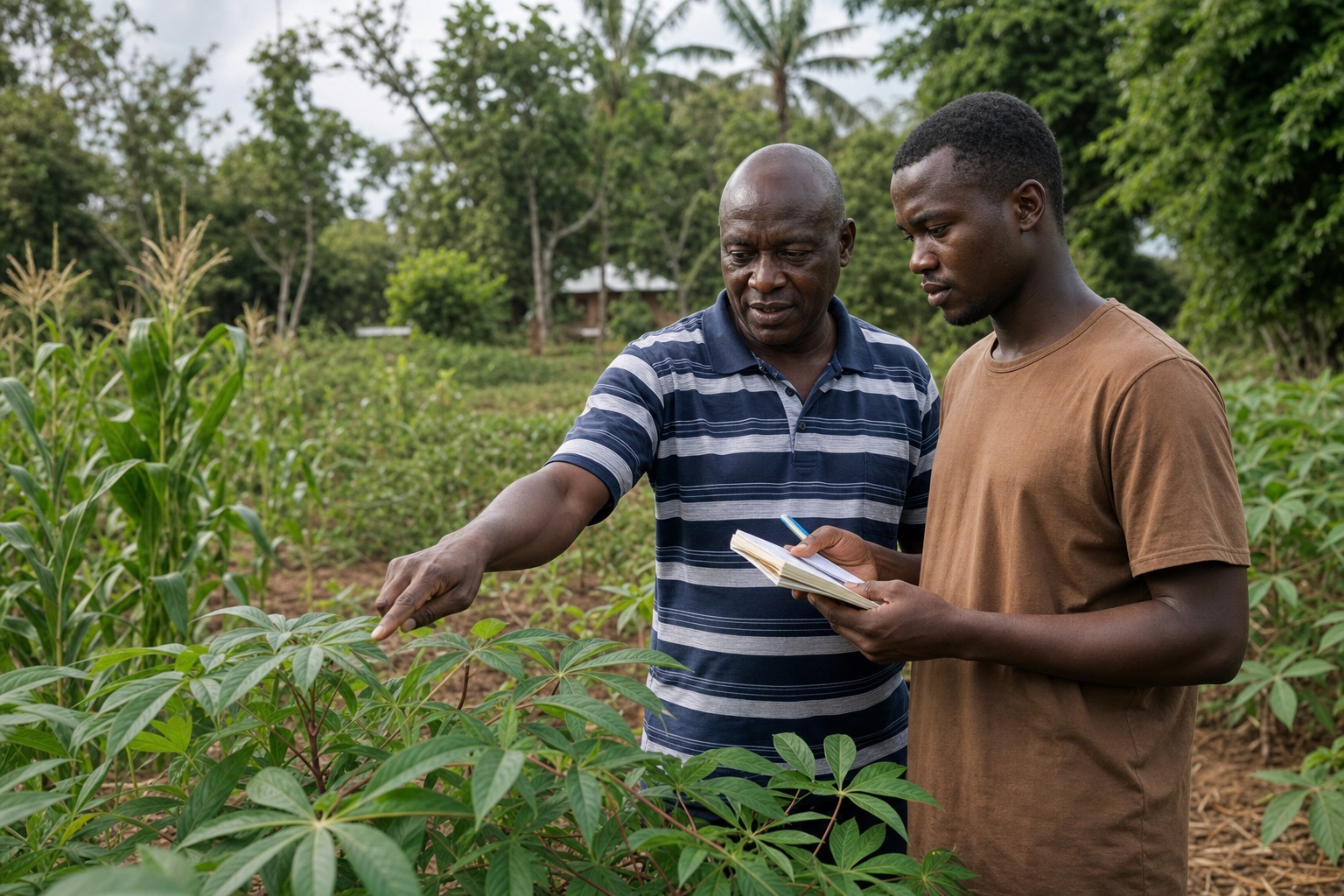 Agricultural mentor guiding young Ghanaian farmer in field, one-on-one coaching, lush farmland, Ghana, warm light