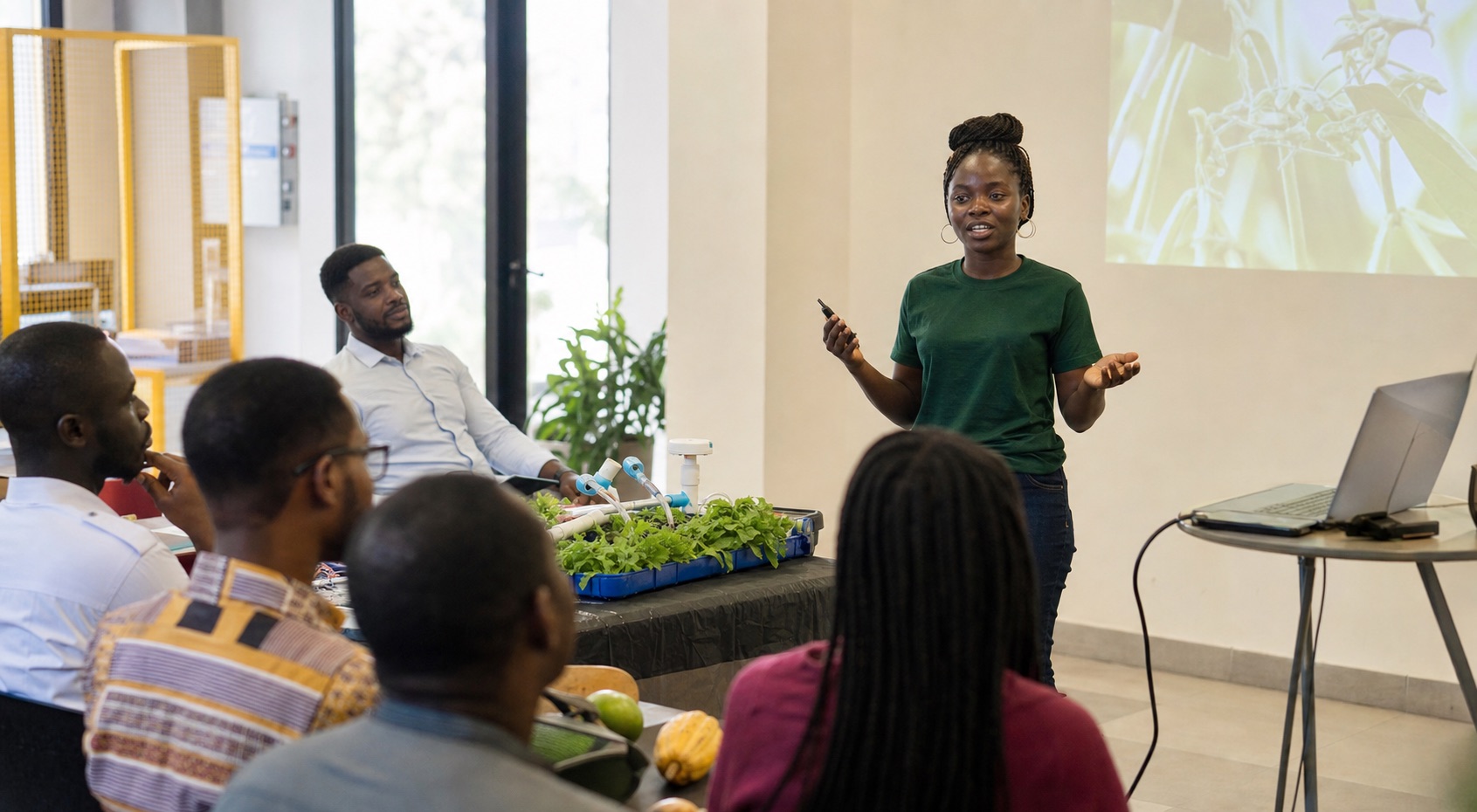 Young African entrepreneurs pitching agri-startup ideas at innovation hub, modern office, Ghana, professional setting