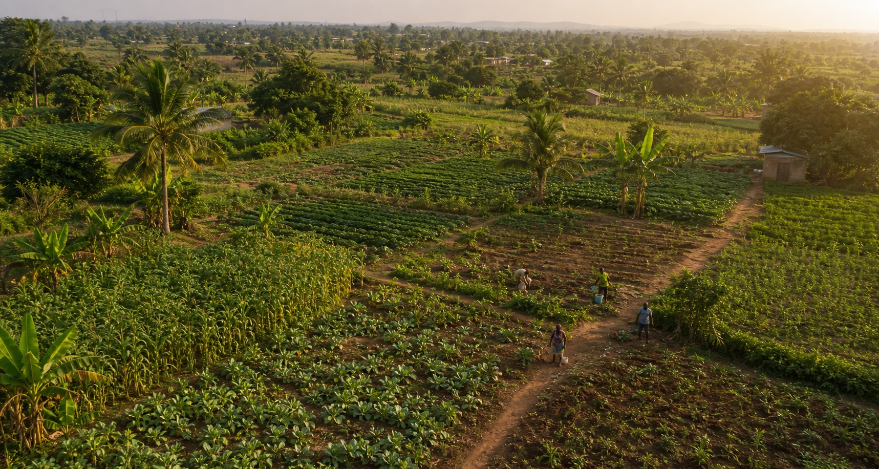Aerial view of lush green Ghanaian farmland at golden hour, vast agricultural landscape, beautiful countryside, cinematic drone photography
