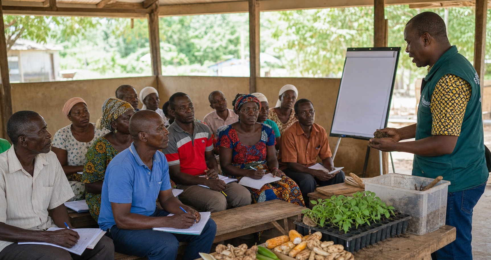 African farmers attending agricultural training workshop, classroom setting, rural Ghana, educational session, natural light