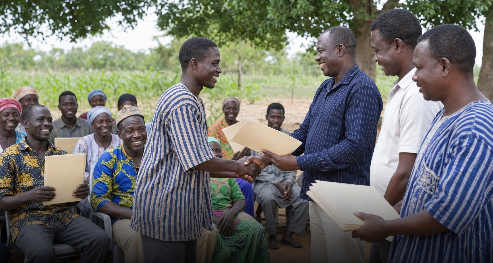 Successful agricultural training graduation ceremony in Ghana, farmers holding certificates, joyful celebration, outdoor event