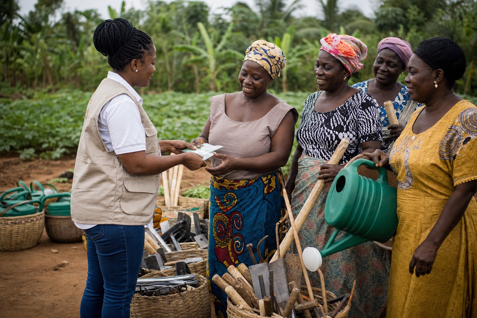 Women farmers in Ghana receiving agricultural tools and training, empowerment program, outdoor setting