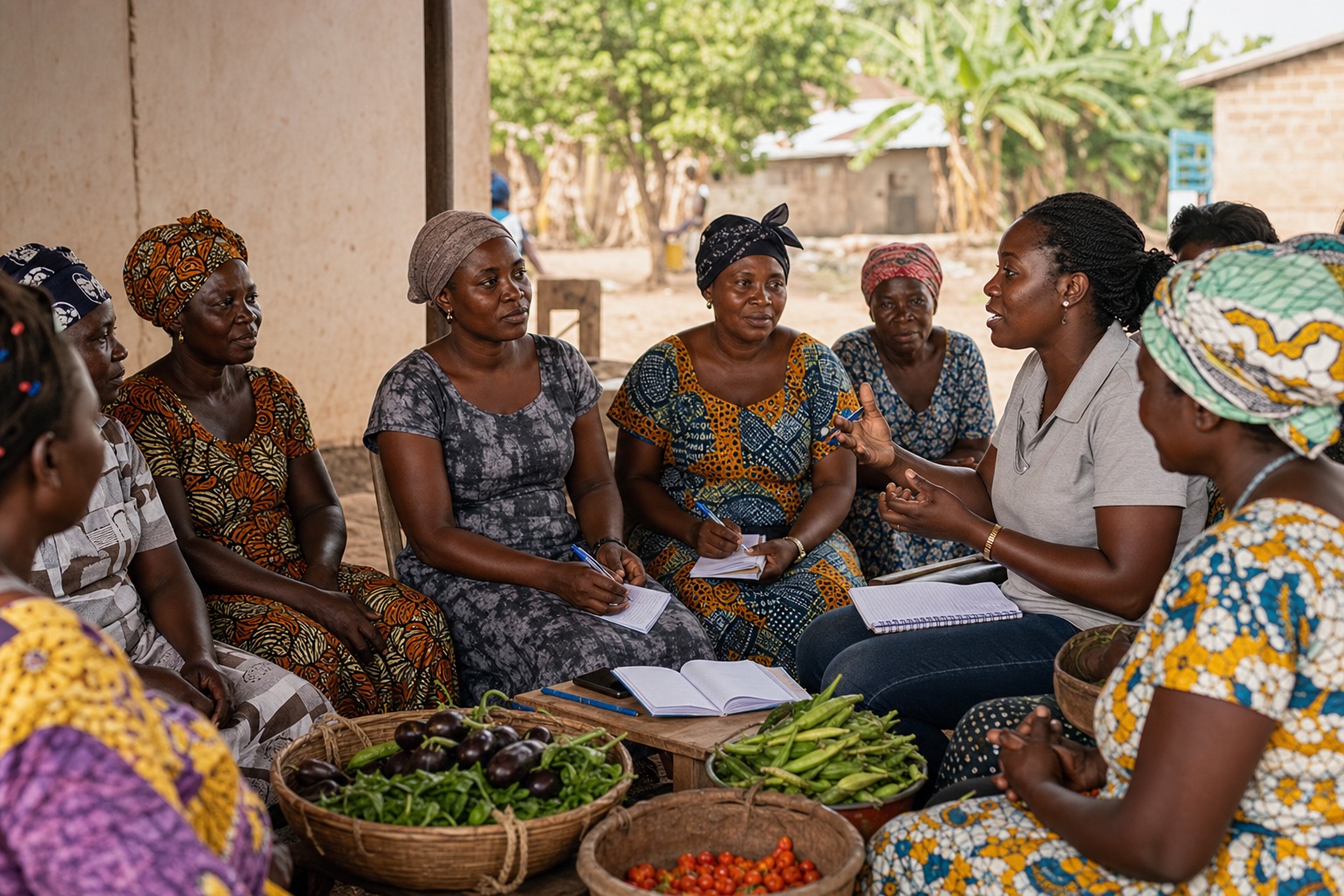 Women farmers cooperative meeting in Ghana, group discussion, agriculture enterprise development, vibrant community gathering