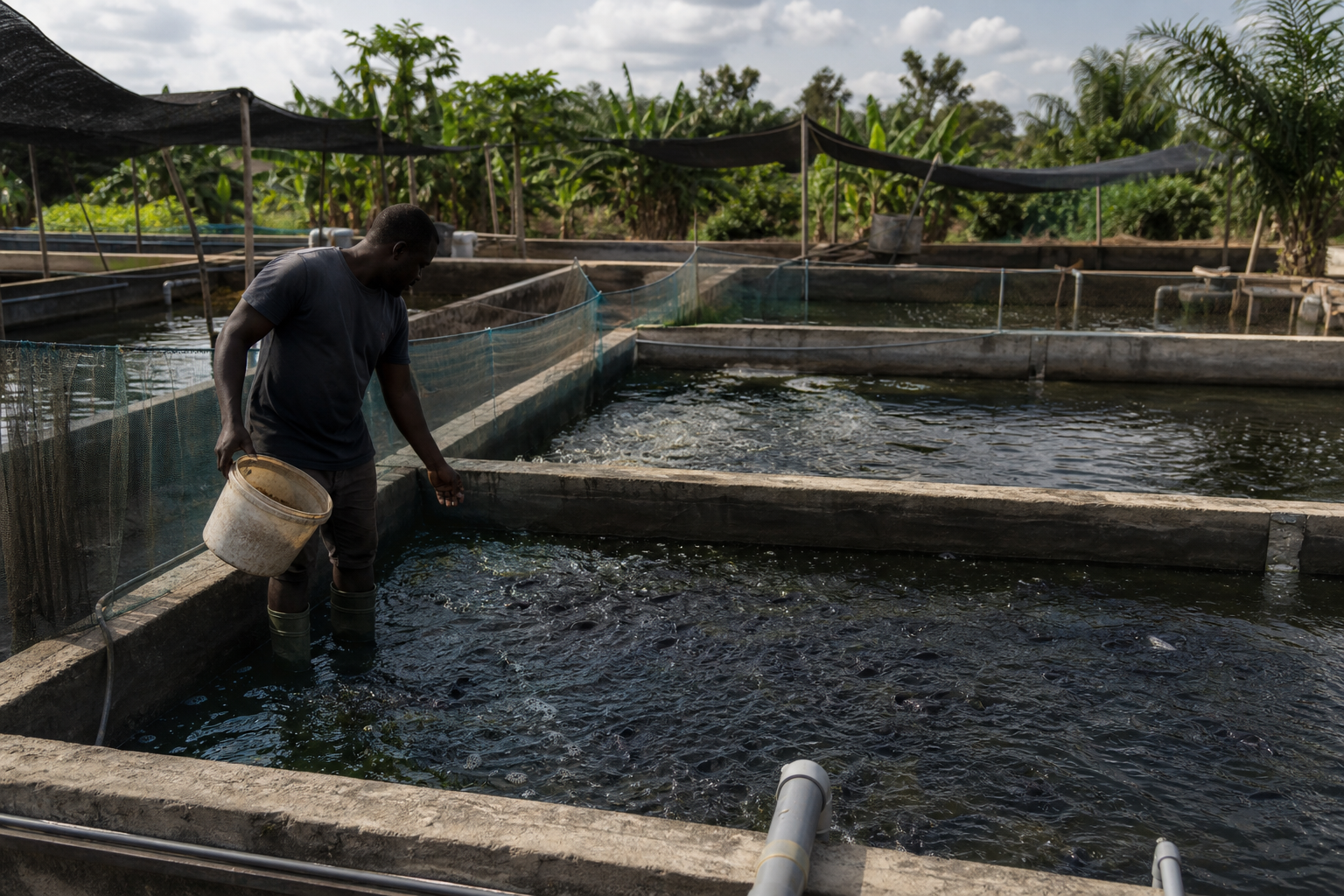 catfish aquaculture pond farm Ghana Africa, fish farming, clear water, professional photography