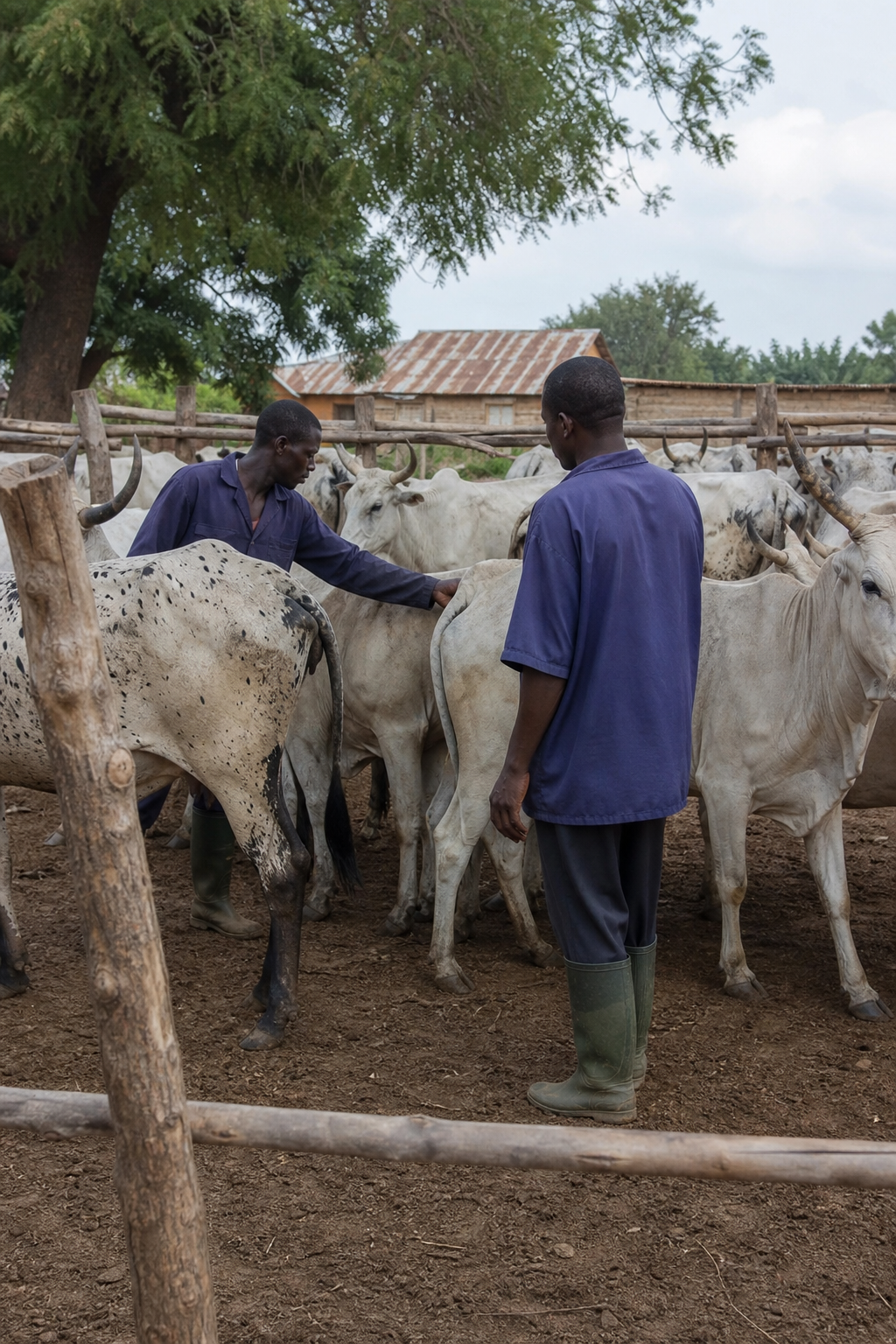 Ghanaian farmers tending to cattle livestock on a green farm, warm sunlight, authentic African agriculture