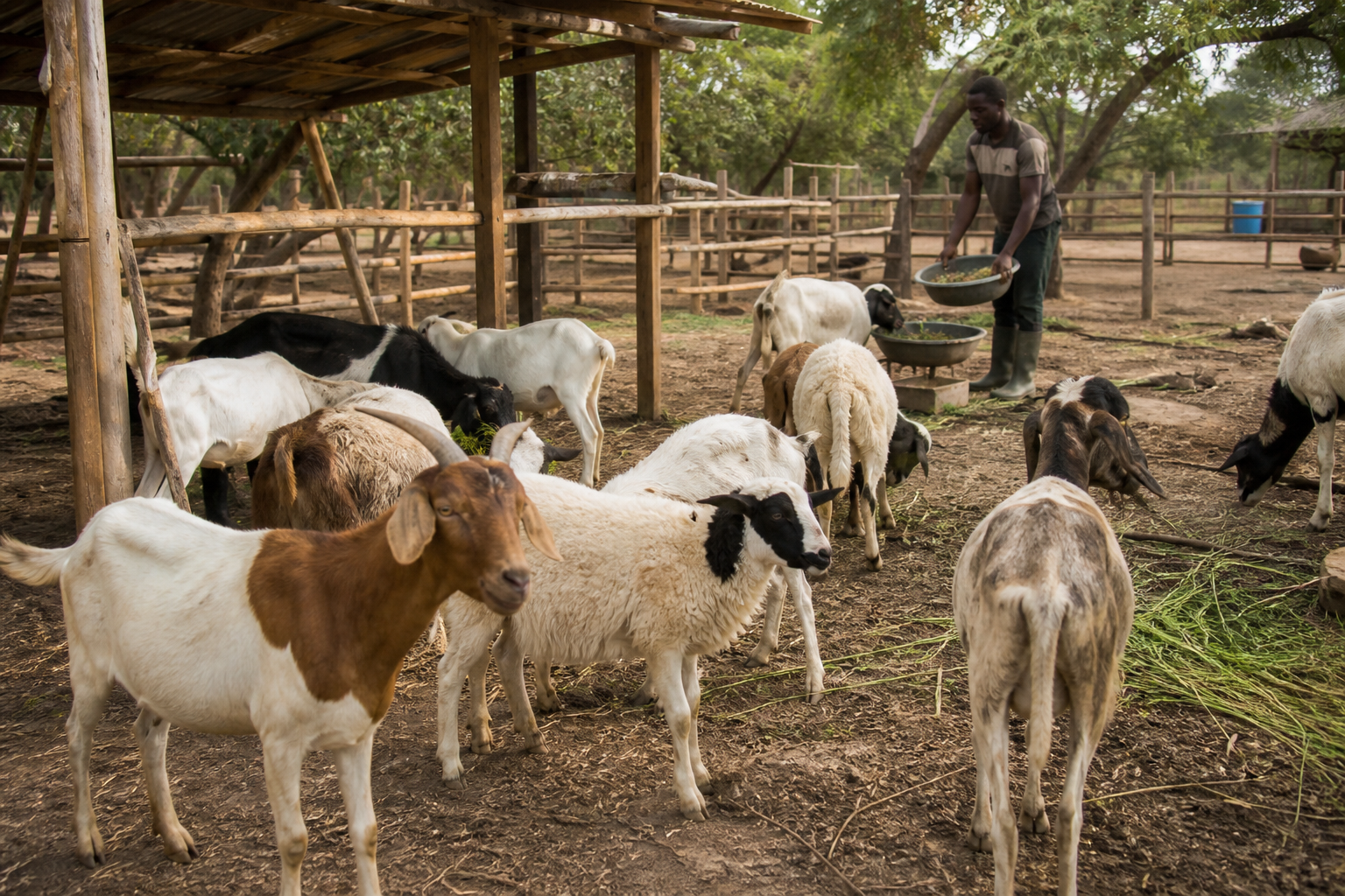 goat farming in Ghana Africa, goats grazing in green pasture, African rural landscape