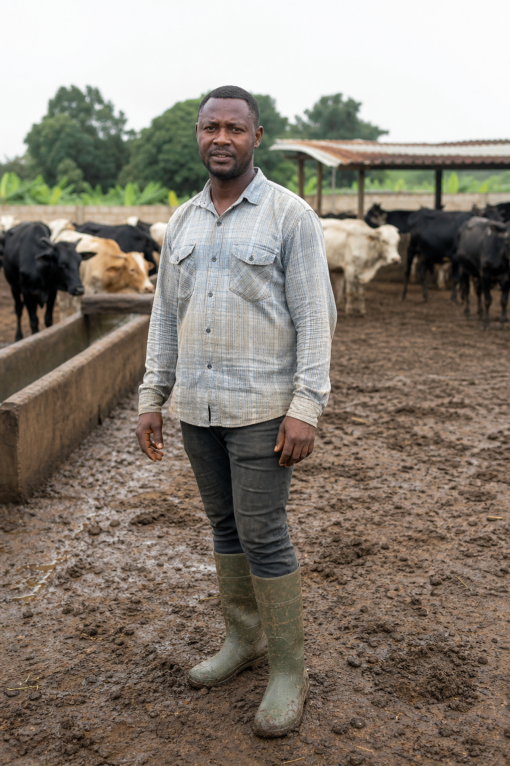 Ghanaian farmer smiling proudly on a thriving cattle farm at sunset, golden hour, African landscape, successful agriculture