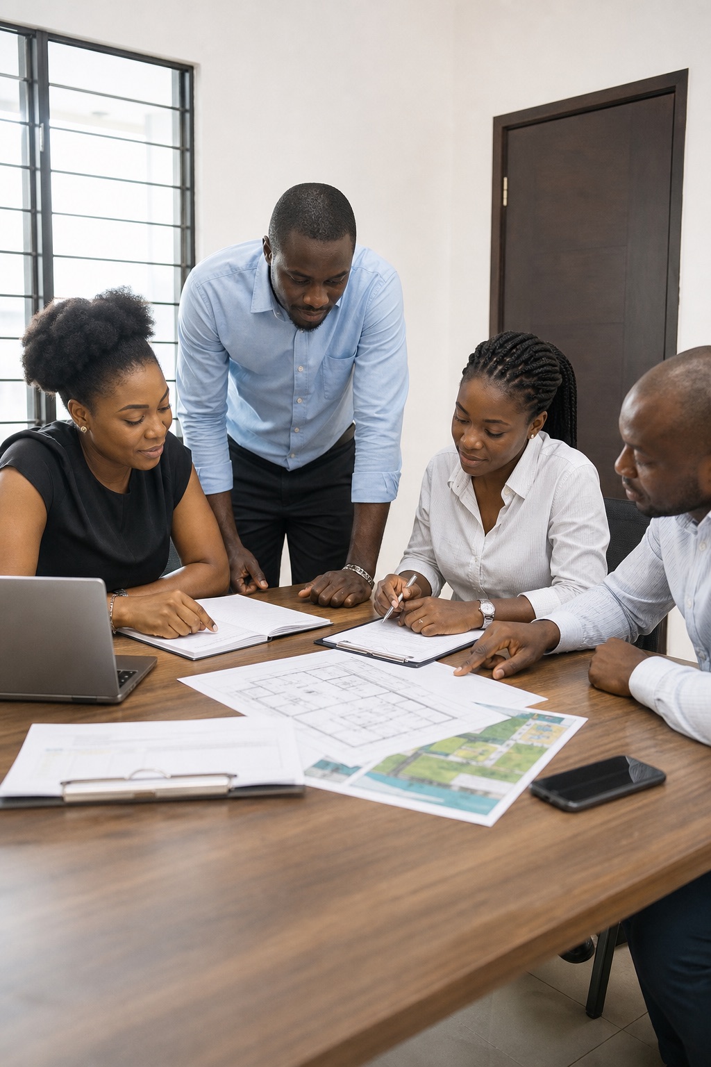 professional business team meeting in modern corporate office building boardroom, diverse executives, clean professional environment