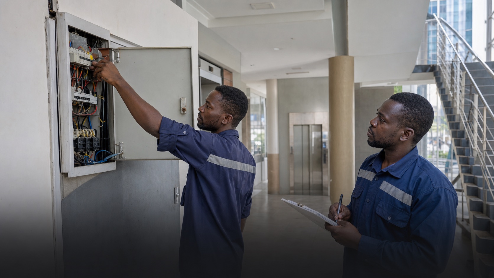 modern building facility management maintenance team working in clean corporate office building interior, professional